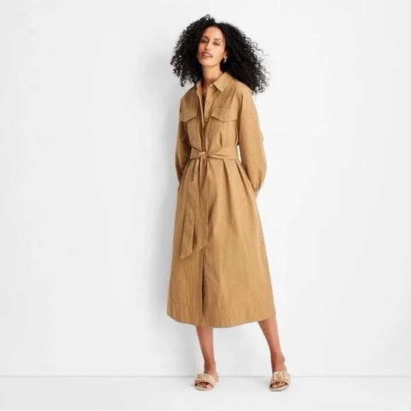 EUC Future Collective Belted Maxi Shirtdress Tan/ Black Striped (Size:L) - Picture 1 of 16